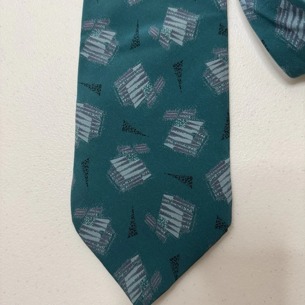 Men's 100% Silk Woven Geometric Abstract Pointed Tie, Teal Gray Black‎